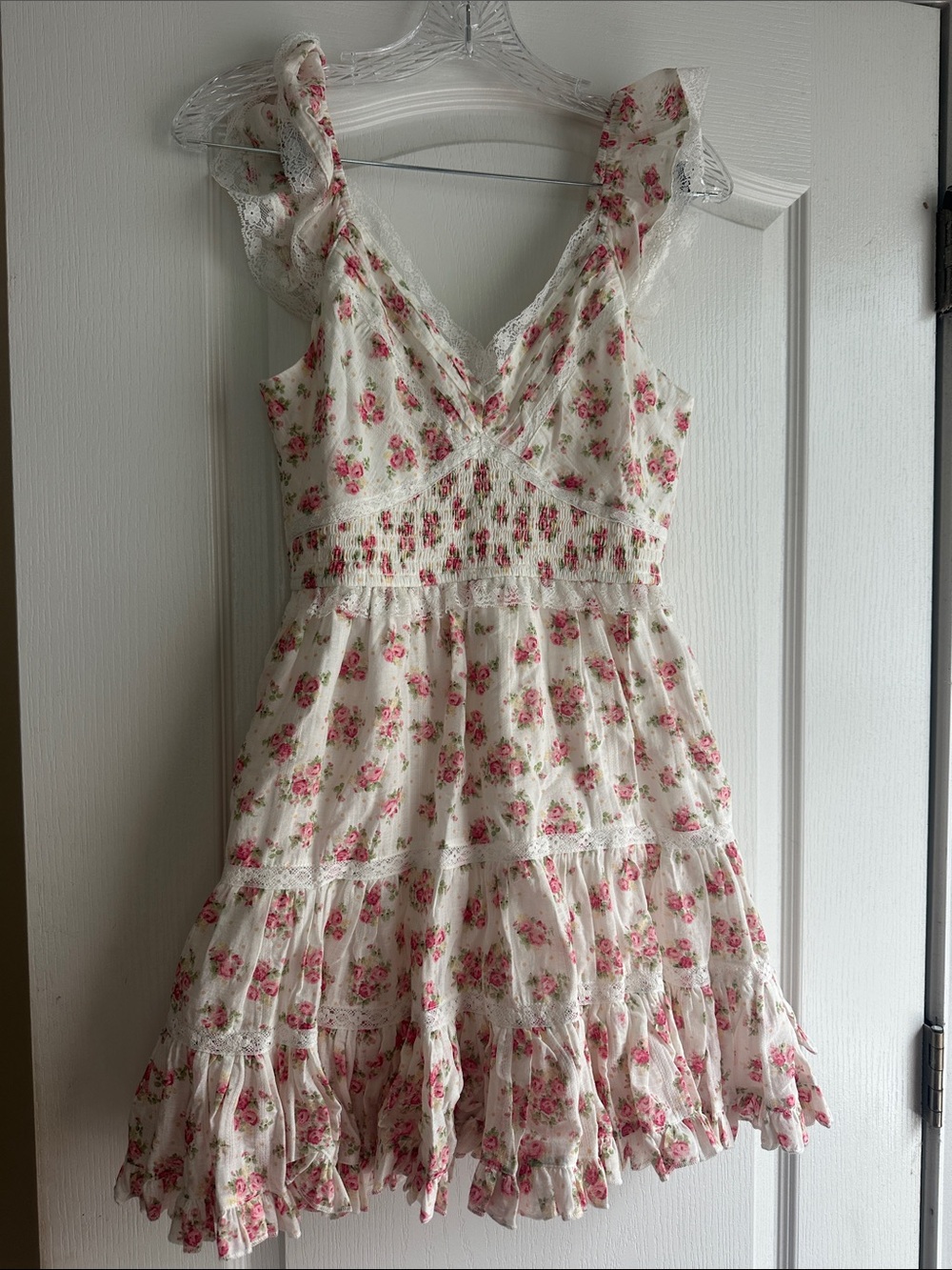 Floral Lace-Trim Ivory Dress with Pink Rose Print NWOT